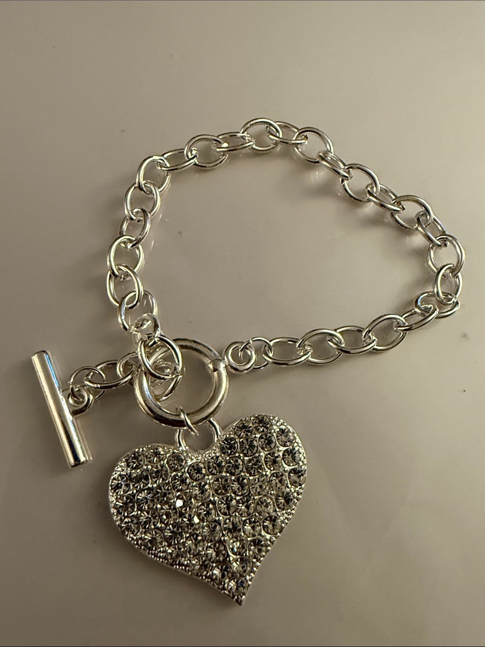 Silver Crystal Heart Charm Toggle Bracelet - Women Jewelry